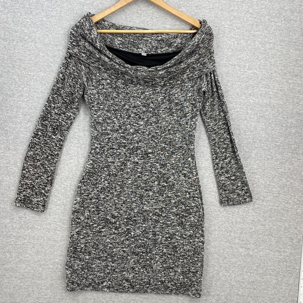 Charming Charlie Dress Womens Medium Black White Knit Stretch Long Sleeve Lined